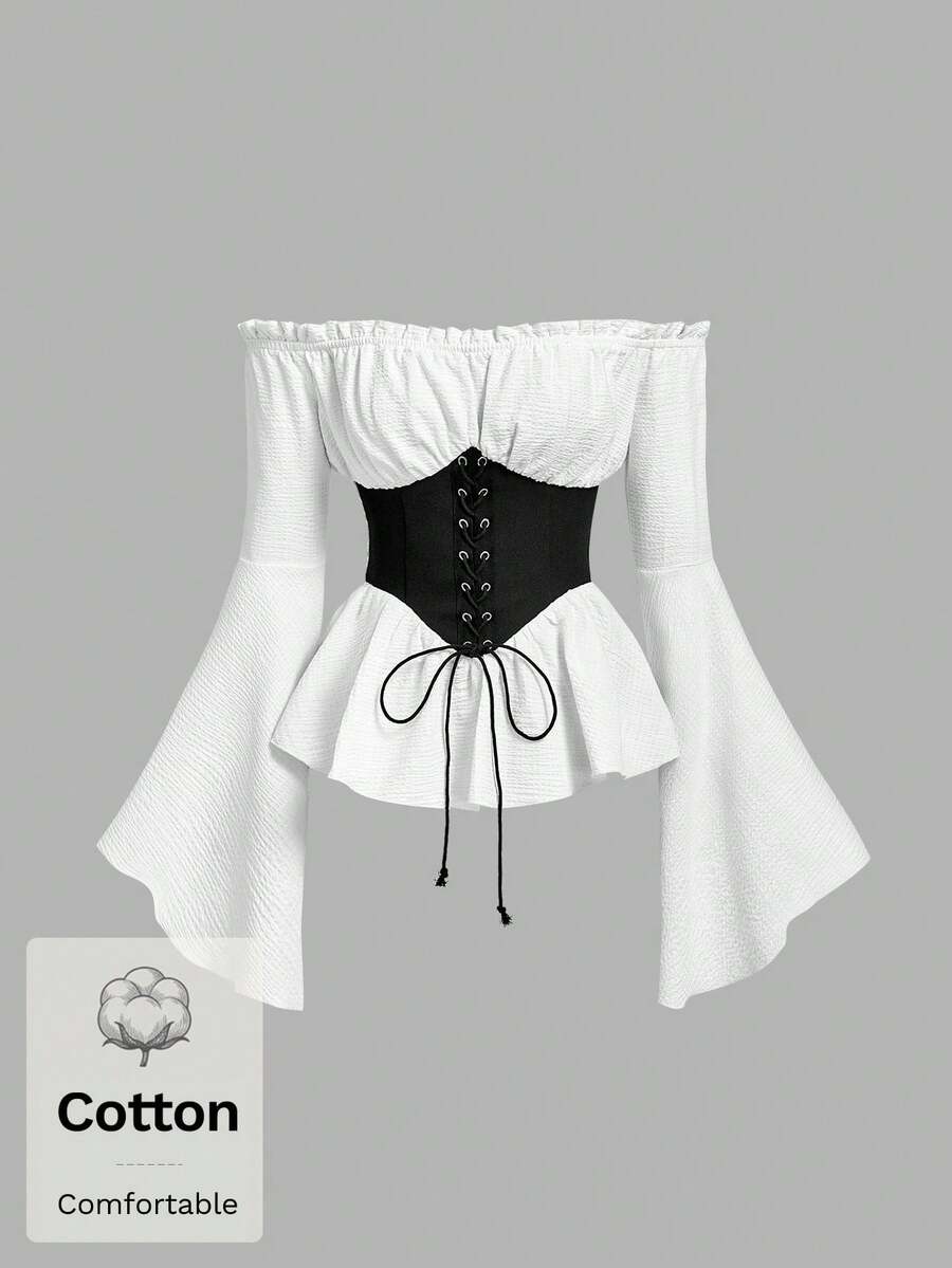 SHEIN MOD 女士撞色荷叶边露肩喇叭袖系腰时尚衬衫 - 黑與白 - 查看 1
