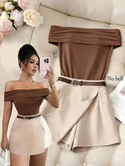 SHEIN Elenzya Camiseta plisada marrón con hombros descubiertos, combinada con pantalones anchos de color albaricoque (cinturón no incluido) - Este conjunto de 2 piezas para mujer es adecuado para uso diario, ocasiones de negocios, citas y talla grande. Tiene un estilo universitario, perfecto para primavera/verano, San Valentín, carnaval, atuendo elegante de dama, looks festivos y ropa casual. Este conjunto de moda casual para ir y venir, atuendo de oficina de negocios, uso casual versátil para todos los días y ropa de trabajo urbana para maestros se puede llevar fácilmente.