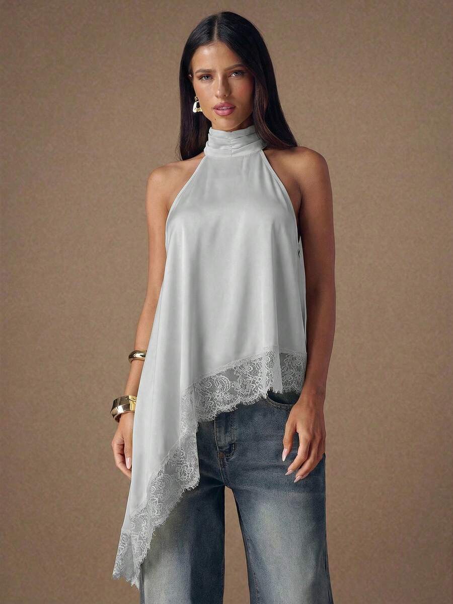 SHEIN BAE Áo hai dây satin hở lưng phối ren thanh lịch, kiểu dáng gợi cảm cổ yếm không tay, thích hợp cho tiệc tùng, cocktail, các dịp trang trọng, Giáng sinh, hoặc trang phục công sở thường ngày. - Màu Xám nhạt - Xem 1