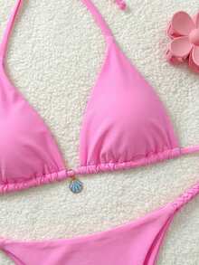 Soleia Bộ bikini buộc dây cổ trước màu trơn dành cho nữ - Hồng - Xem 4