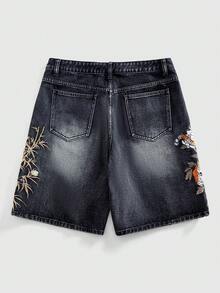 ROMWE MEN Street Life Men's Animal & Plant Embroidery Slant Pocket Casual Denim Shorts - Black - View 2