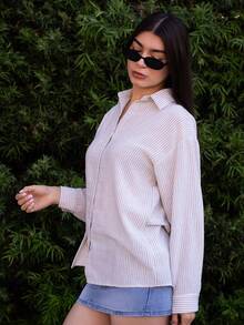 Andrea Bello 女式条纹印花纽扣前襟宽松休闲长袖衬衫秋季 - 黑色 - 查看 5