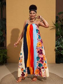 Maweii Plus Size Floral Print Spaghetti Strap Dress, Suitable For Beach Vacation, Spring/Summer - Multicolor - View 3