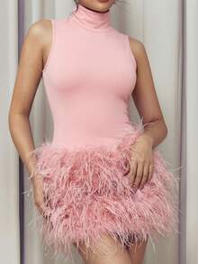 Criza Taa 黑色高领毛茸茸拼布优雅夜店派对装 - 粉色 - 查看 6