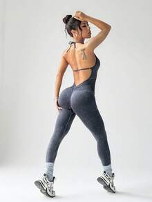 Rhythm Era 女士无缝运动瑜伽双层吊带连体裤/前扭结设计/露背/收腹提臀/哑光质感/时尚性感/健身/跑步/跳跃/百搭 - 黑色 - 查看 3