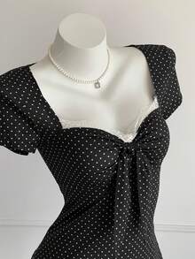 Comfortcana Áo thun nữ kiểu dáng thường ngày, chấm bi và phối ren, thắt nơ phía trước, thích hợp cho mùa hè. - màu đen - Xem 1