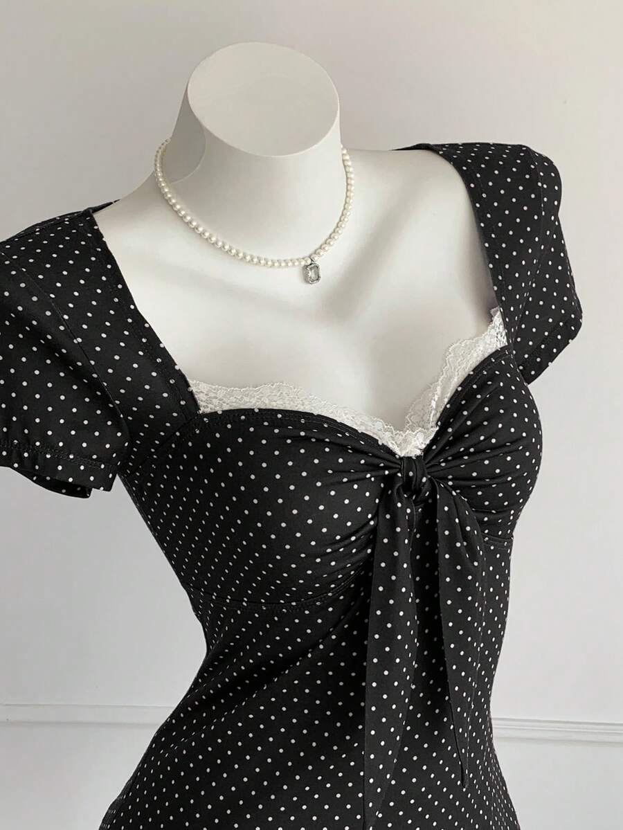 Comfortcana Áo thun nữ kiểu dáng thường ngày, chấm bi và phối ren, thắt nơ phía trước, thích hợp cho mùa hè. - màu đen - Xem 1