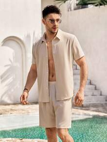 Mercer Haus Camisa de Manga Curta e Shorts Casuais Soltos em Cor Sólida, Verão, Adequado para Férias de Verão em Destinos Tropicais como Havaí. - Damasco - Visão 4