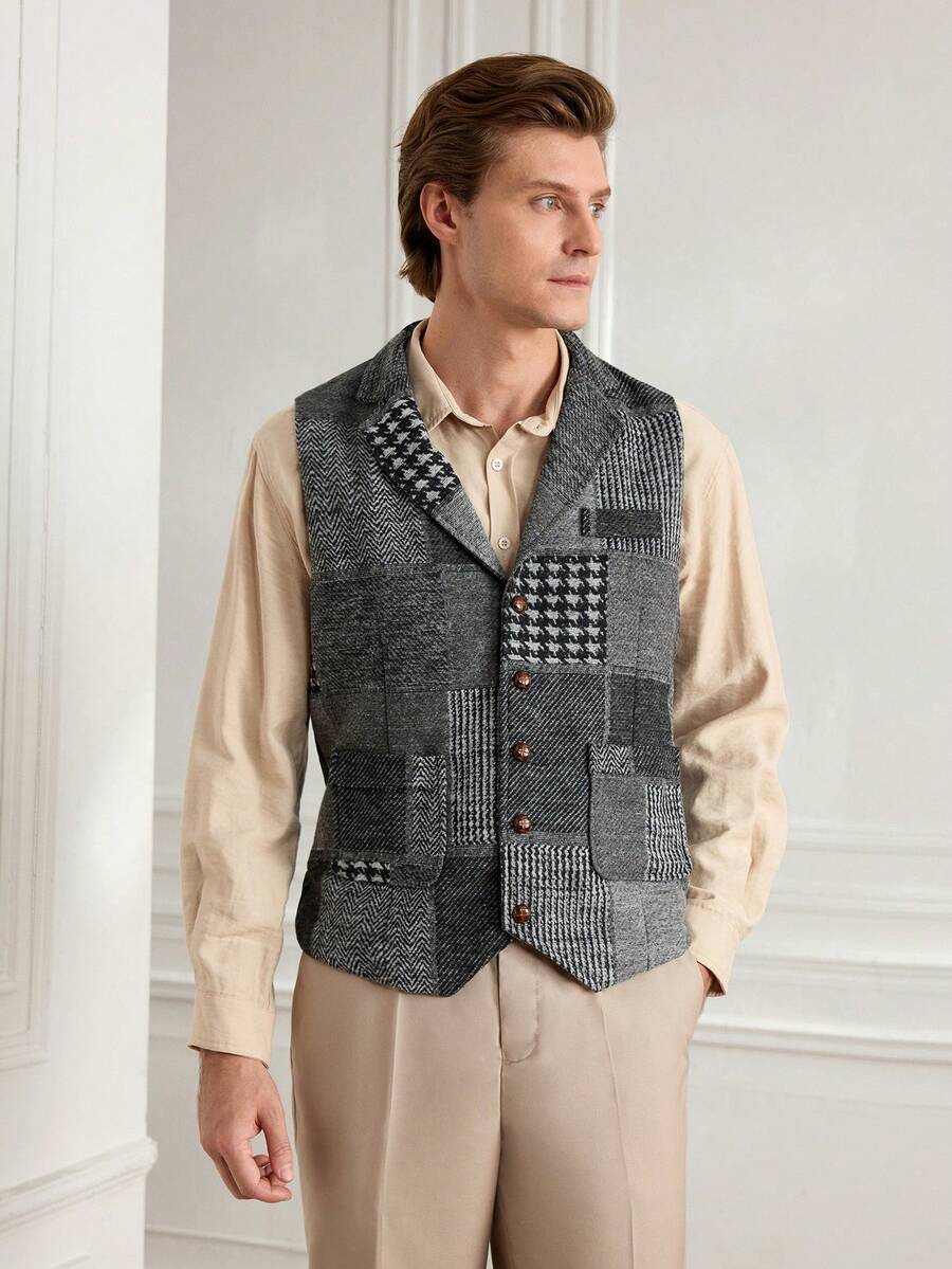 Officeau New Retro Patchwork Lapel Men's Suit Vest - Navy Blue - View 1