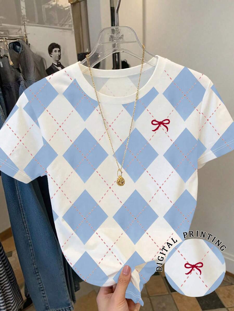 SHEIN 女士菱形图案蝴蝶结印花圆领短袖休闲T恤 - 彩色 - 查看 1