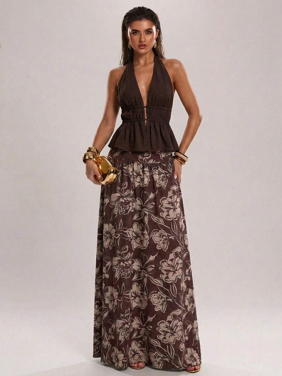 SHEIN BAE Women's Solid Dark Brown Seductive Backless Halter Camisole Top,Summer,Date,Beach,Vacation,Waist Ruched,Casual,Street Wear,Sisters Outing - Brown - View 1