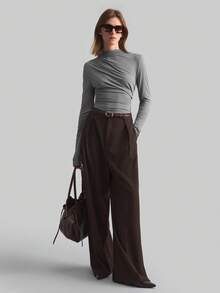 SHEIN X Scot Louie Ontre Áo thun nữ tay dài cổ đứng xếp ly dáng cơ bản, thiết kế mới mùa Xuân/Hè 2026, thanh lịch, phù hợp cho công sở và đi làm. - Màu xám đen - Xem 6