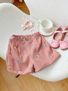 SHEIN Quần short dệt phối màu tương phản dành cho bé gái - Hồng - Xem 5