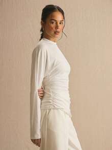 MUSERA Solid Cinched Ruched Waist Batwing Long Sleeve Top , Spring Fall , Casual Elegant Work Office Mother's Day - White - View 3