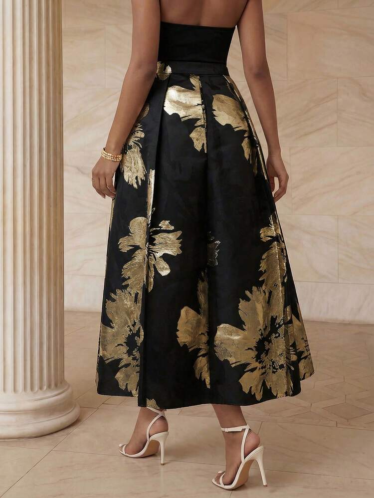 Vintage Elegant High-Waisted A-Line Pleated Skirt, Black & Gold, Suitable For Formal Occasions, Valentine's Day, Mother's Day