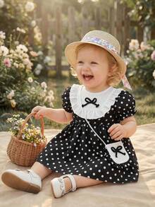 SHEIN Vintaside Kids 1件女婴舒适休闲印花荷叶边白色短袖百搭基础款连衣裙，配可爱印花包，适合春夏上学、旅行、居家、节日和日常穿着 - 黑色 - 查看 3