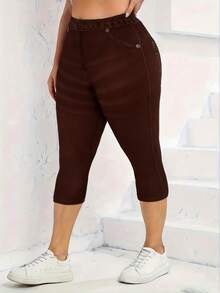 EMERY ROSE 大码女式休闲日常通勤百搭撞色缝线修身七分裤 - 棕色 - 查看 4