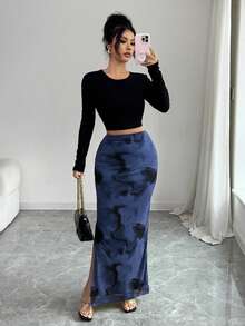 Rafferiza Rok Maxi Bodycon Jala Elastis Elegan Wanita dengan Belahan Tinggi - Navy Blue - View 6