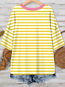 EMERY ROSE Plus Size Women's Casual Vacation & Commute Contrast Striped Print Patchwork Pocket V-Neck Loose T-Shirt, Spring/Summer - Yellow - View 2