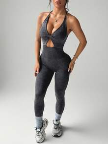 Rhythm Era 女士无缝运动瑜伽双层吊带连体裤/前扭结设计/露背/收腹提臀/哑光质感/时尚性感/健身/跑步/跳跃/百搭 - 黑色 - 查看 5