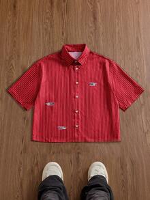 SWAVVY Men's Digital Stripe Placement Print Short Sleeve Shirt, Spring/Summer - Red - View 3