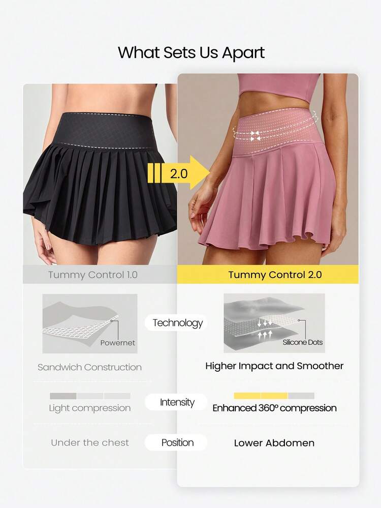 Ace Every Move Tummy Control 2.0 Quick-Dry Sun Protection Built-In Shorts Non-Slip Grips Tennis Mini Skirt Tennis Golf Pickleball Daily Casual Wear