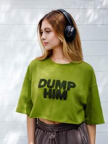 Ananda Vibes 女士字母刺绣落肩宽松休闲短袖圆领 T 恤 - 橄欖綠 - 查看 3