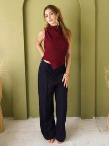 Ananda Vibes Áo ba lỗ bó sát cổ cao viền bất đối xứng màu đỏ tía cho nữ, Áo đỏ, Áo dệt kim họa tiết bất đối xứng, Áo ngắn, Trang phục công sở thường ngày cho nữ, Trang phục Halloween, Quần áo mùa thu cho nữ - Màu Đỏ Sâu - Xem 6