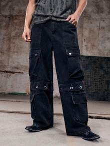 1 chiếc quần jeans cargo nam, kiểu dáng vintage Mỹ, nhiều túi, ống rộng dài (Sản phẩm không bao gồm thắt lưng và phụ kiện) - màu đen - Xem 4