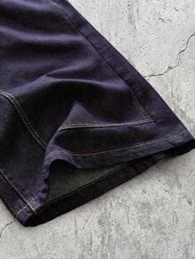 EVRINFINITE Unisex Loose Fit Wide Leg 7/8 Length Jeans, American Streetwear Style Embroidered, Soft Washed Non-Fading Denim - Dark Wash - View 5