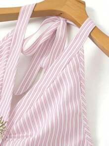 Franclia 女士蓝白条纹露背吊带连体裤，饰有搭扣，收腰设计，阔腿剪裁，适合春夏外出、音乐节、海滩度假和日常通勤。 - 粉色 - 查看 3