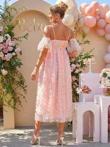 Loomaby Pink Butterfly Decor Off-Shoulder Maternity Dress For Baby Shower,Summer Fairy Elegant Pregnancy Dresses For Photoshoot,Gender Reveal Dress Set - Multicolor - View 2