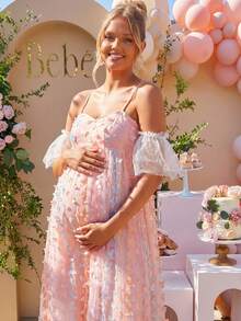 Loomaby Pink Butterfly Decor Off-Shoulder Maternity Dress For Baby Shower,Summer Fairy Elegant Pregnancy Dresses For Photoshoot,Gender Reveal Dress Set - Multicolor - View 1