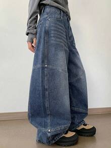 DAZY Quần jeans nữ ống rộng, dáng suông, phối nhiều mảnh vải, chất liệu denim mài, kiểu Hàn Quốc. - Màu xanh lam - Xem 4