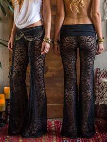 Aloruh 女士纯色黑色蕾丝超长喇叭裤，超低腰网纱拼接交叉系带喇叭裤，适合音乐节，性感波西米亚朋克风，春夏款 - 黑色 - 查看 1