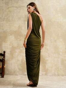 Arave Women's Elastic Fabric H-Line Ruched Asymmetric Shoulder Metal Button Sleeveless Casual Commuter Dress - Green - View 4