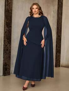 Roveilla Plus Size Women's Autumn Elegant Navy Blue Wedding Guest Dress, Middle Eastern Arabic Style Shoulder Cape Chiffon Lining Evening Gown, Cinched Waist Dress - Navy Blue - View 6