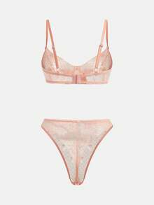 lacRébo Soft Delicate Pink Mesh Lingerie Set With Underwired Bra Rose Flower Trim Detail And Matching Thong Romantic Cute French Style Valentines Lingerie Sets Push Up Curved Lingerie - Pink - View 8