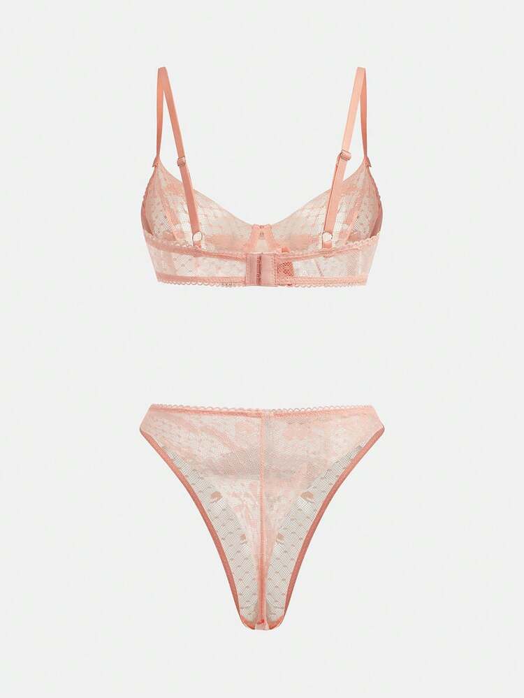 Soft Delicate Pink Mesh Lingerie Set With Underwired Bra Rose Flower Trim Detail And Matching Thong Romantic Cute French Style Valentines Lingerie Sets Push Up Curved Lingerie