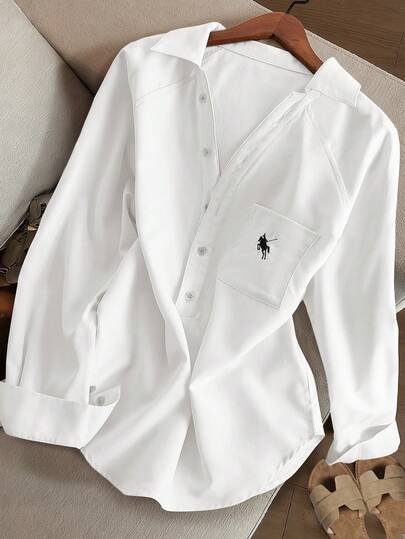 Resyla Áo sơ mi nữ dài tay cổ chữ V màu trơn, dáng rộng, tối giản, thêu họa tiết.