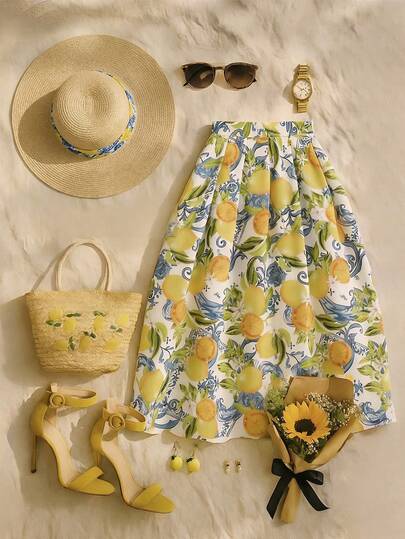 GlowEve Váy nữ họa tiết hoa lửng, kiểu dáng thường ngày thanh lịch, thích hợp cho kỳ nghỉ, màu vàng, rất phù hợp để phối đồ.