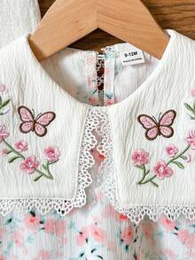 SHEIN Vintaside Kids Đầm bé gái thoải mái, chất liệu vải dày dặn, cổ bẻ, thêu hoa dễ thương, dáng chữ A, tay ngắn, đa năng, phù hợp cho mùa xuân/hè, mặc hàng ngày, ở nhà, đi chơi, du lịch, đi học. - Hồng - Xem 5