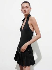 Aveloria Modichic Women Chic Black Summer Sleeveless Halter Dress,Deep V-Neck Lapel Tight Fit Short Pleated Skirt With Belt,Club Sporty Fashionable Versatile Mini Dress - Black - View 3