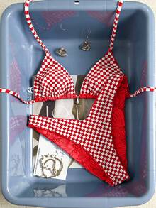 Swim Mod Conjunto de bikini lindo a cuadros con conchas y estrellas de mar para vacaciones de playa primavera/verano 2026 - Rojo - Ver 7