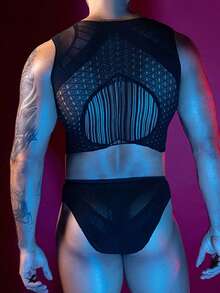 WENEZON 男士性感镂空露脐背心和内裤套装 - 黑色 - 查看 2
