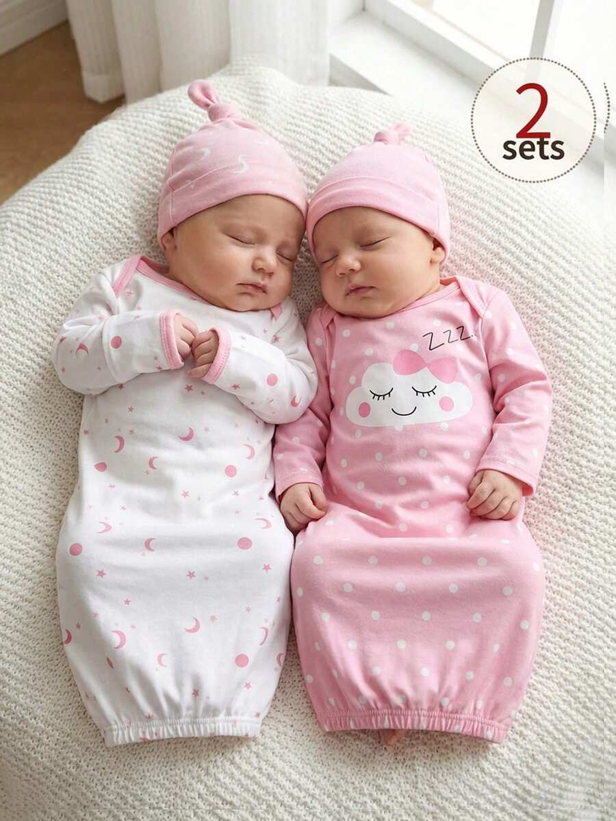 2件套新生儿粉色星星、月亮、云朵和条纹图案长袖睡衣套装 - 粉色 - 查看 1