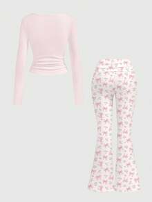 ROMWE Kawaii Cute Rabbit Heart Dessert Cake Rabbit Bow Tie Sexy Low-Cut Bodycon Low-Waist Flare Pants Vintage 2-Piece Set For Women - Pink - View 2