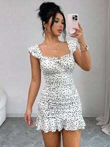 SHEIN Elenzya 女士波点印花扭结前襟休闲迷你连衣裙 - 黑與白 - 查看 6