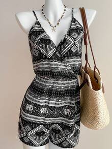 SHEIN EZwear Mono casual de vacaciones con estampado geométrico y drapeado para mujer - Negro - Ver 4