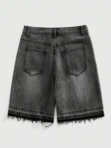 ROMWE MEN Street Life Quần short denim dáng rộng, in chữ đính đá, gấu quần tua rua, phong cách thường ngày dành cho nam, thích hợp mặc mùa hè. - Xám - Xem 2